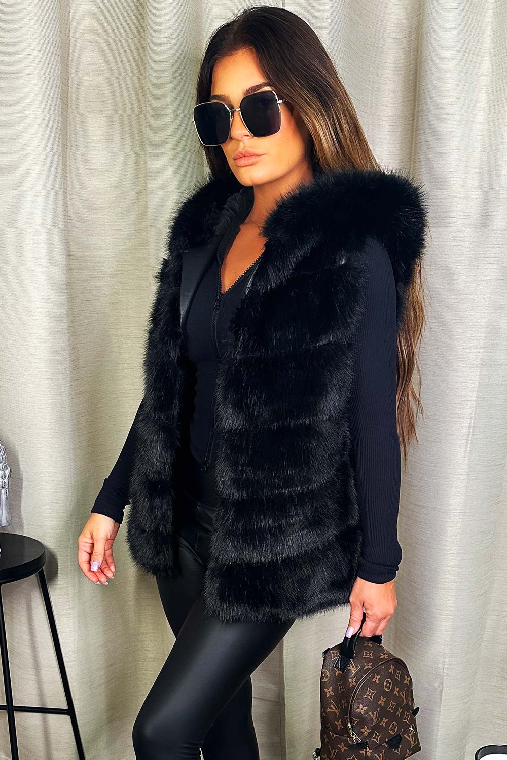 womens black faux fur hooded gilet