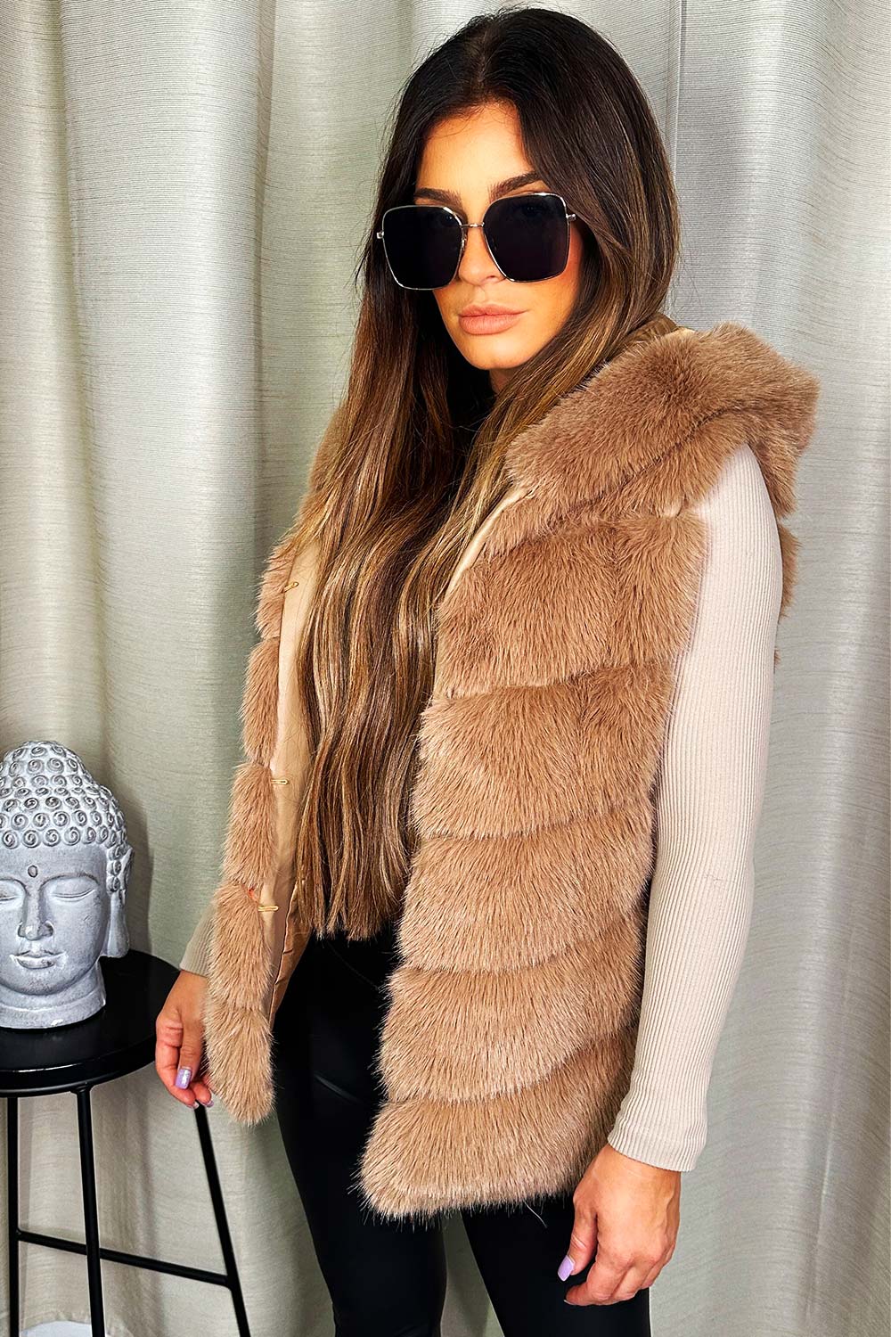 faux fur hooded gilet womens