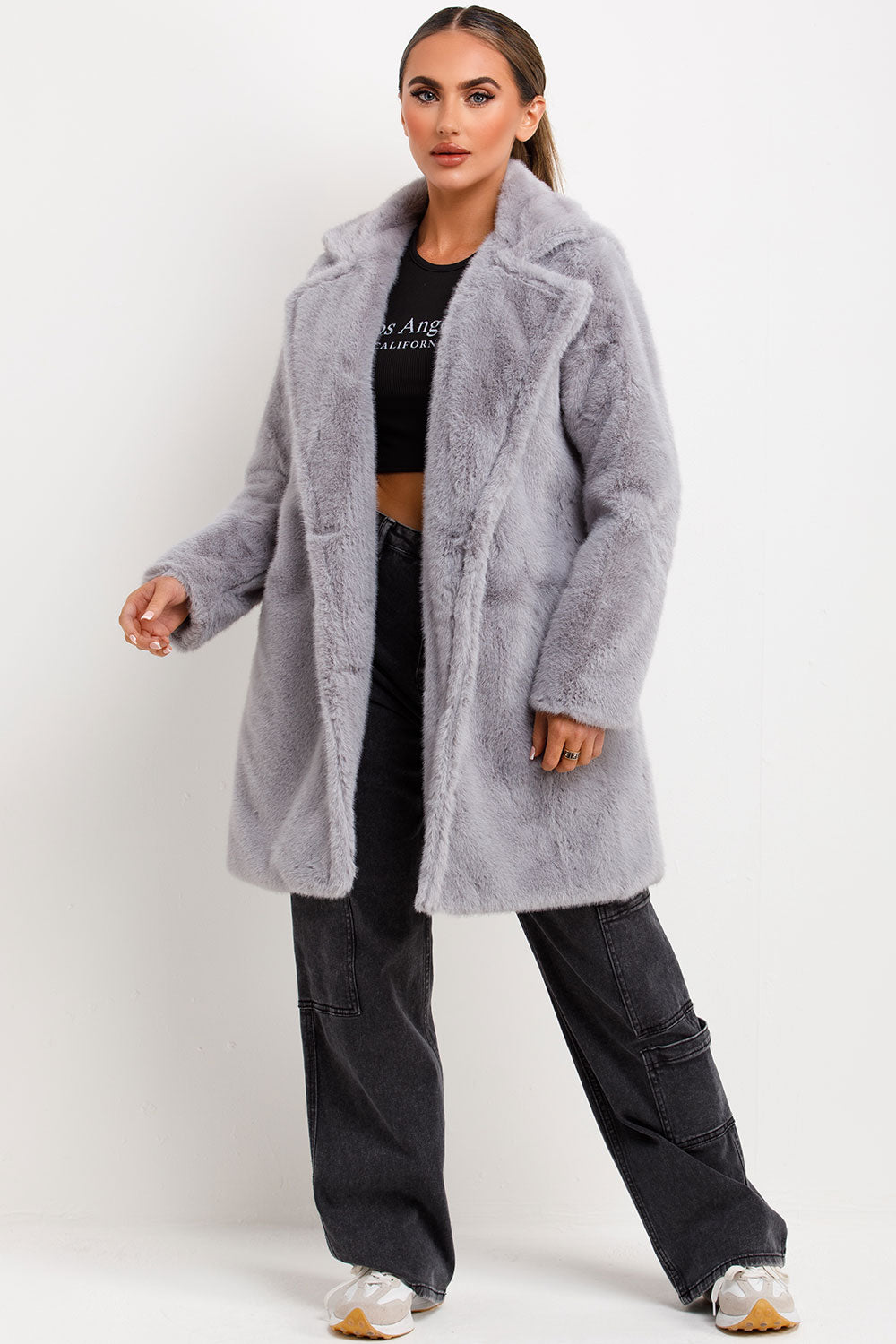 womens faux fur coat with belt and collar longline styledup