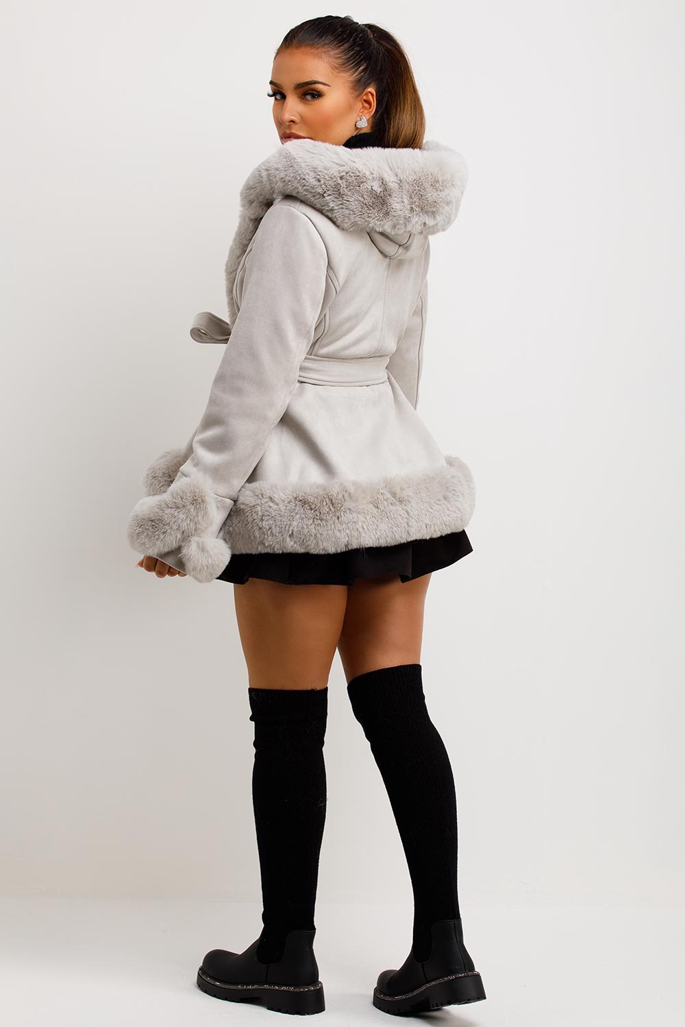 grey faux fur faux suede hooded coat