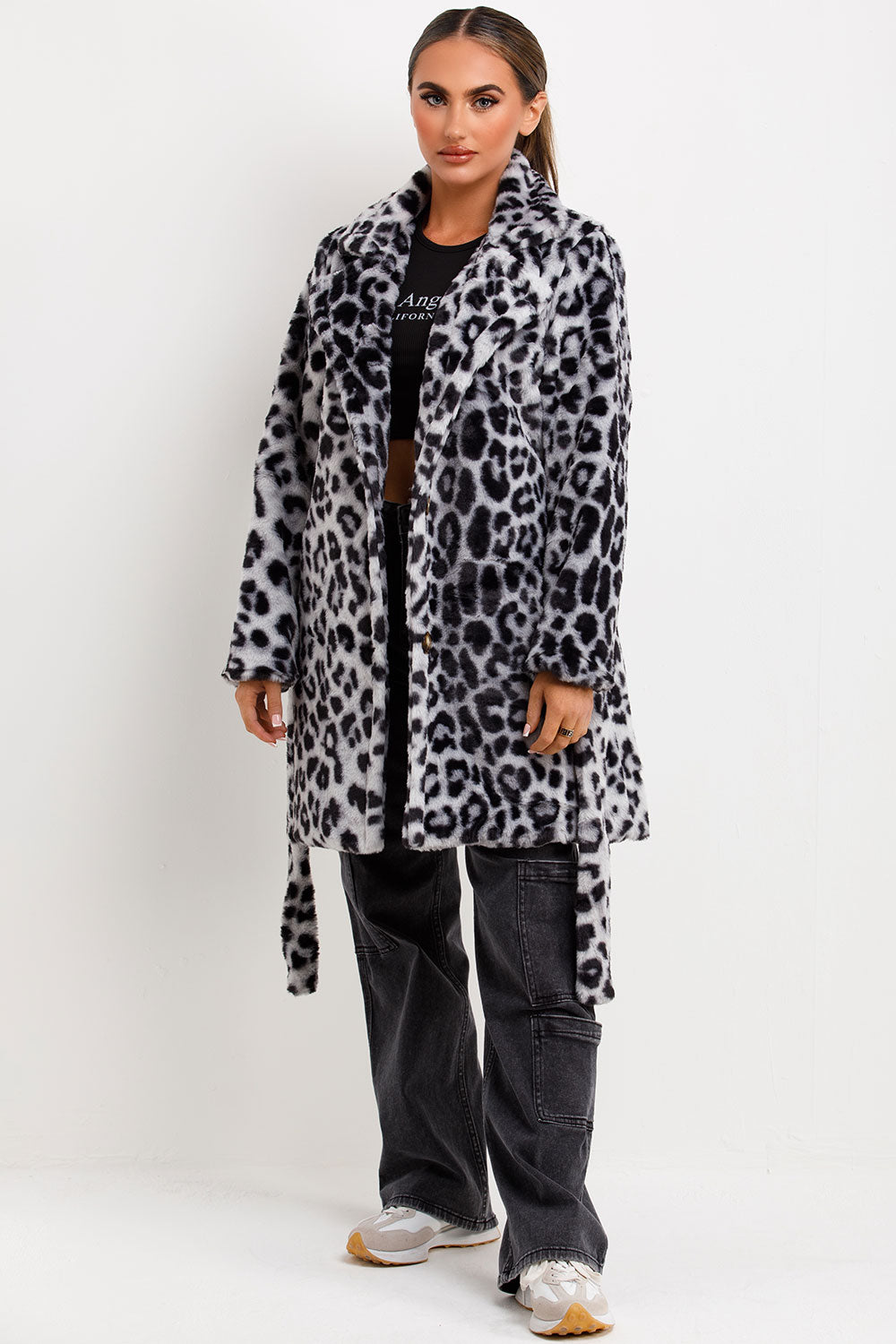 womens leopard print faux fur coat with belt and collar longline styledup