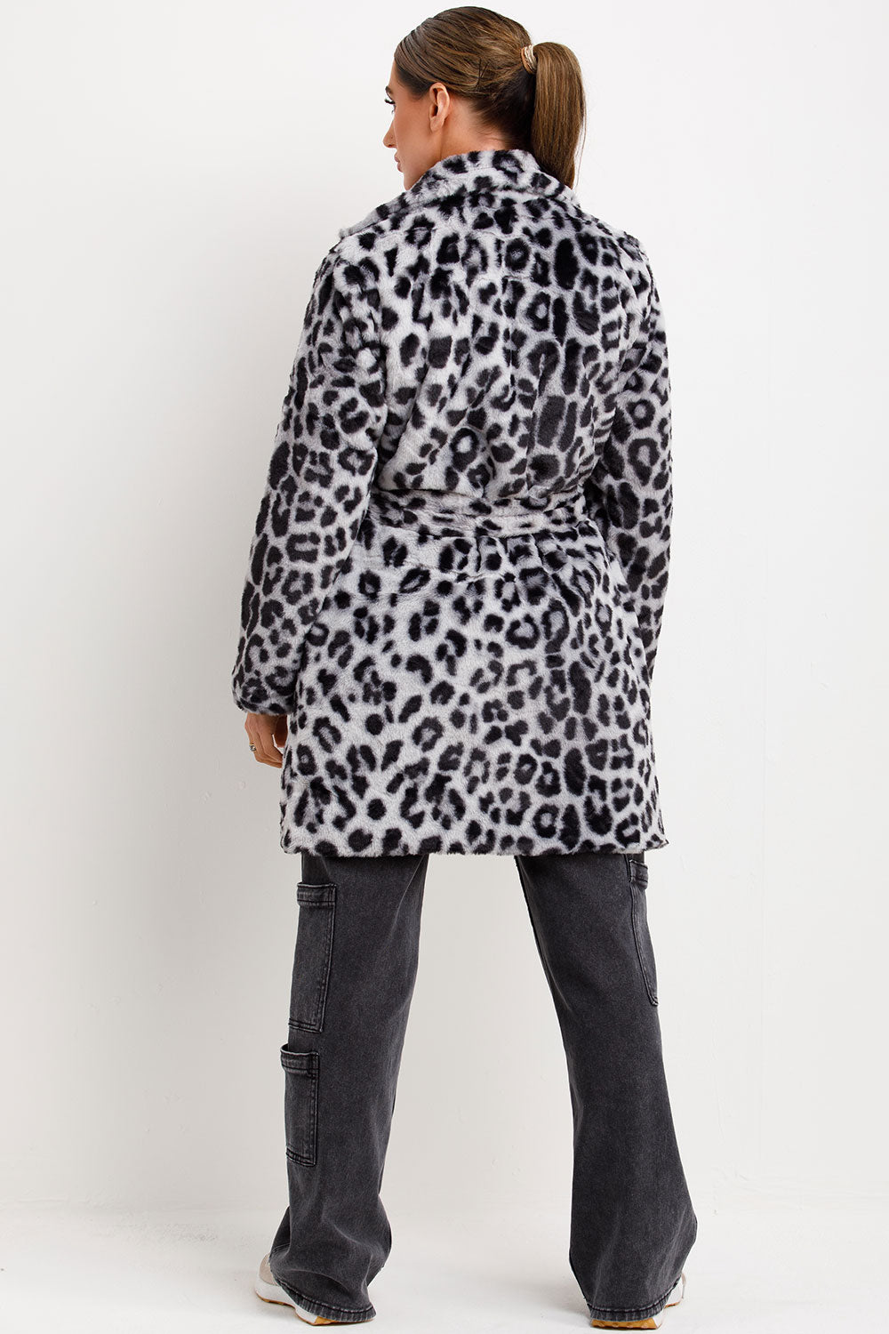 womens leopard print fur coat with collar and belt sale