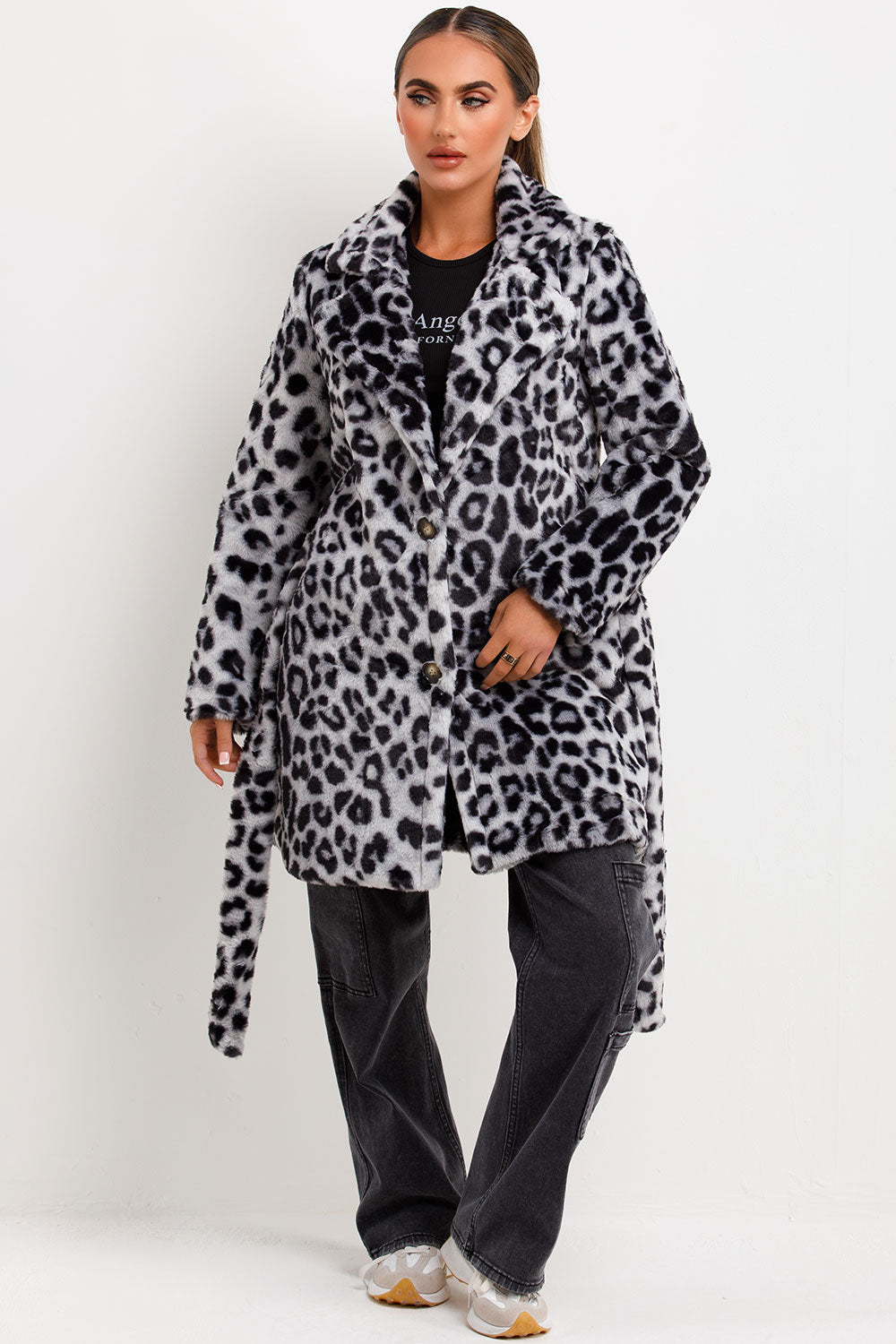 leopard print fur coat with belt and button fastening for womens