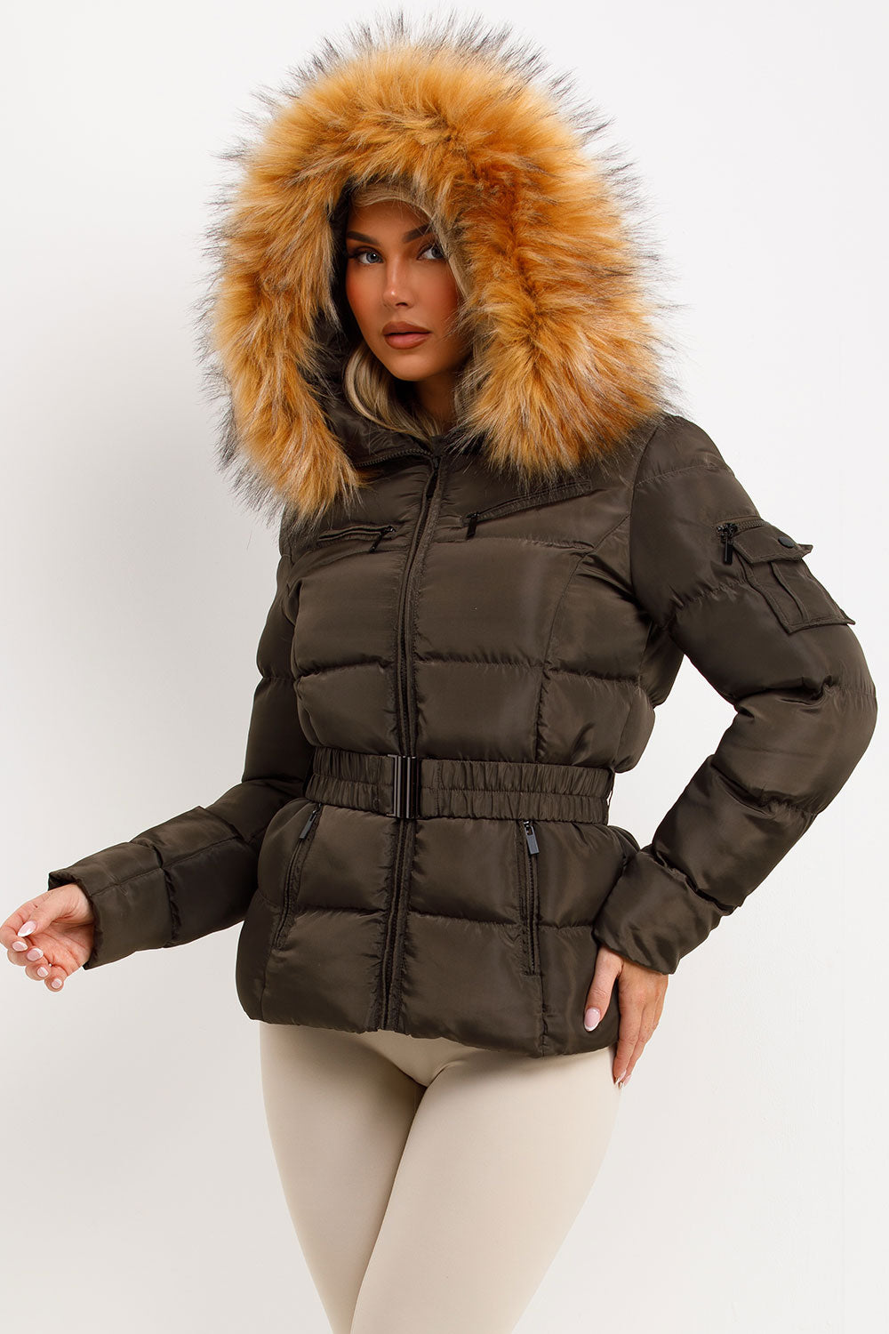 winter coat with faux fur hood and belt for womens