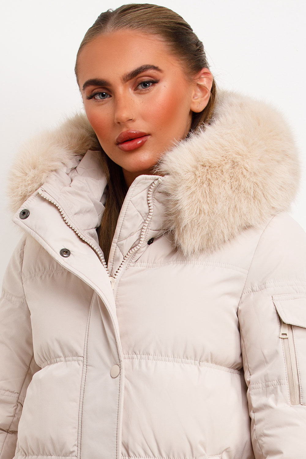 long beige puffer padded coat styledup