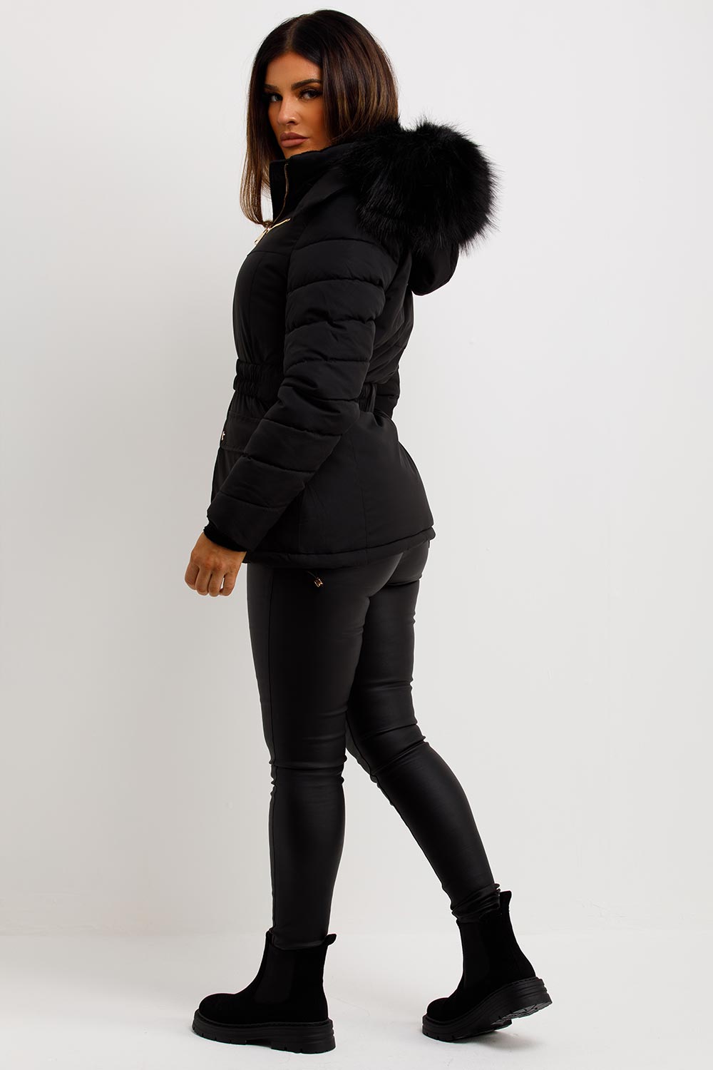 womens belted puffer coat with fur hood