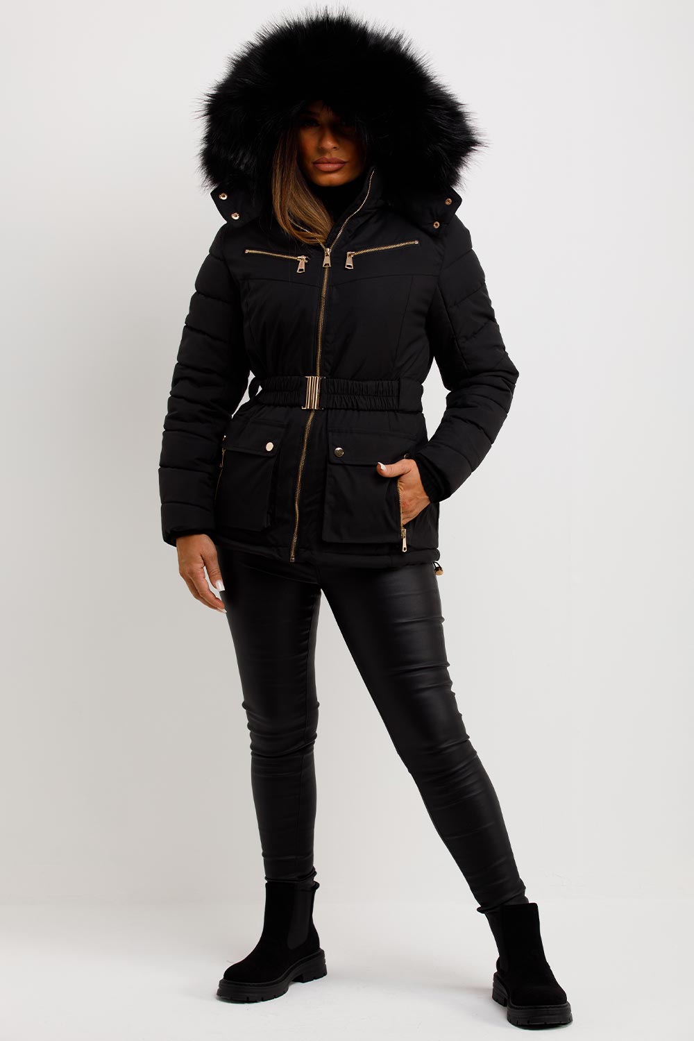 womens puffer padded coat with fur hood