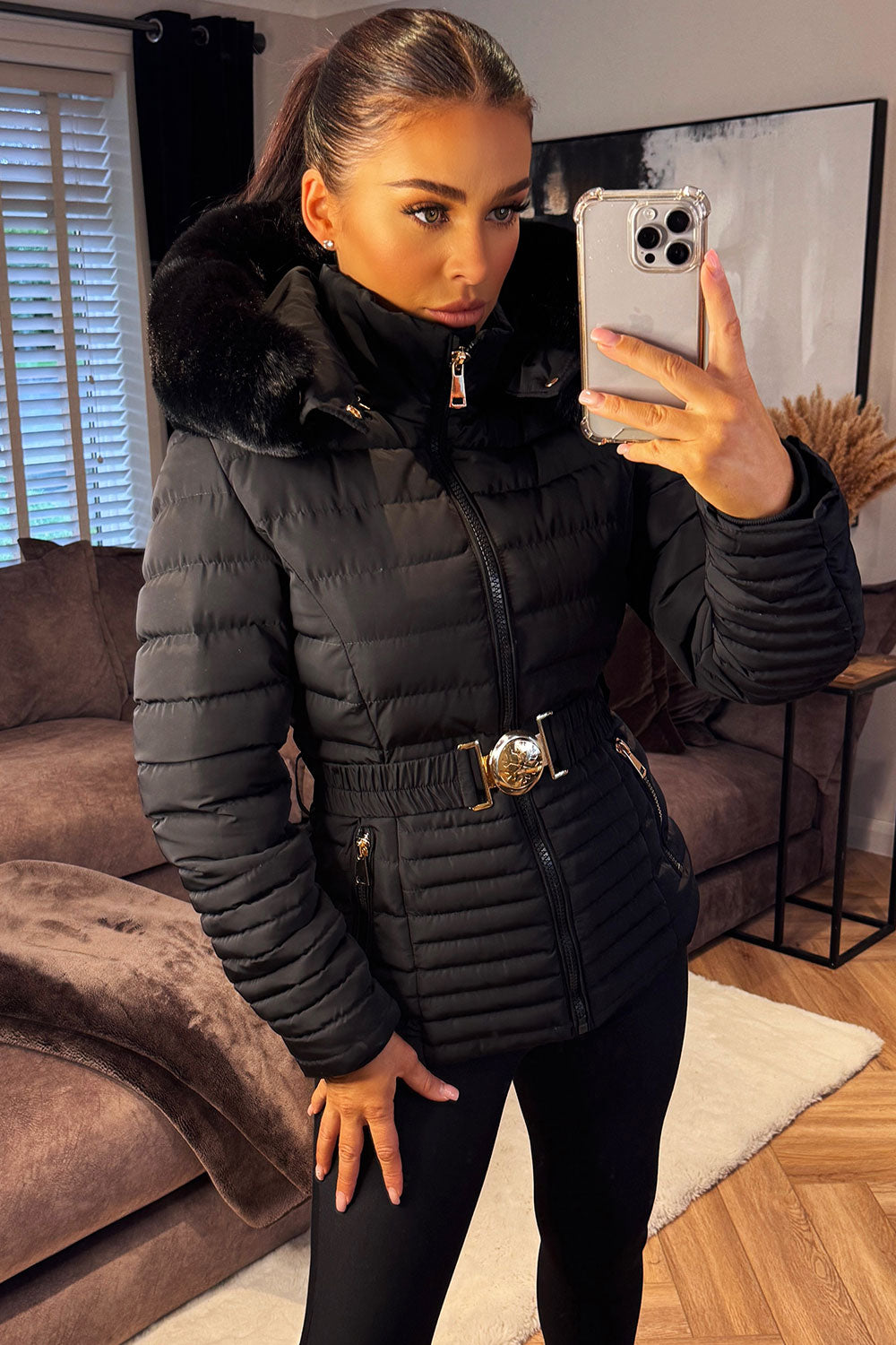 black puffer jacket with fur hood styledup uk
