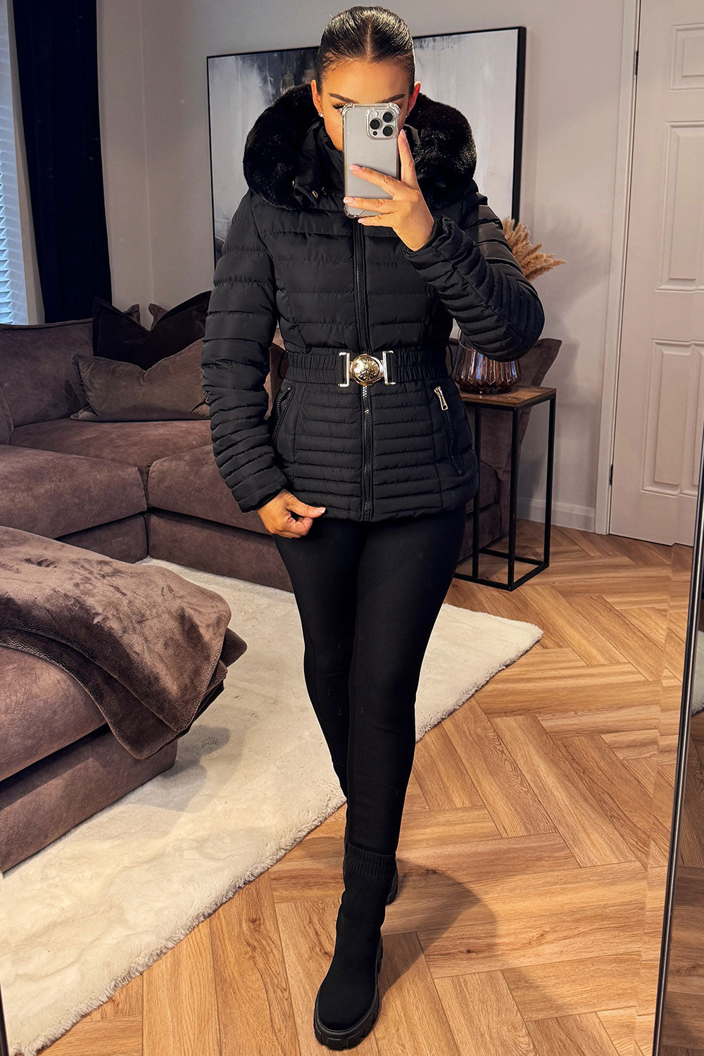 black faux fur hood puffer padded winter jacket with belt styledup