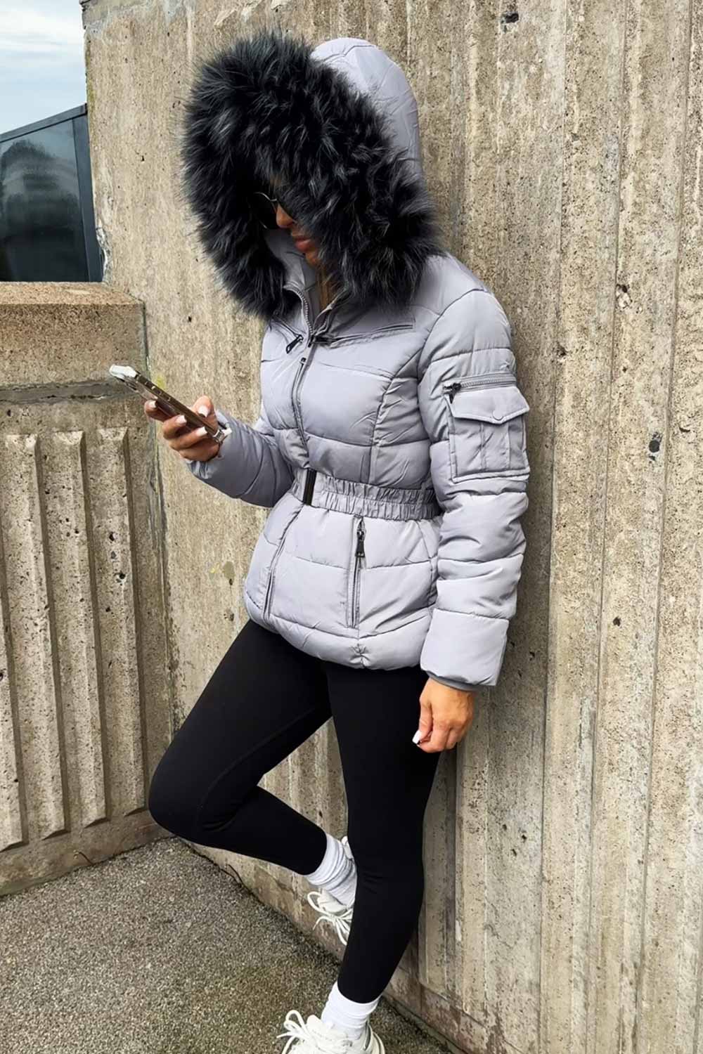 puffer jacket with belt and fur hood