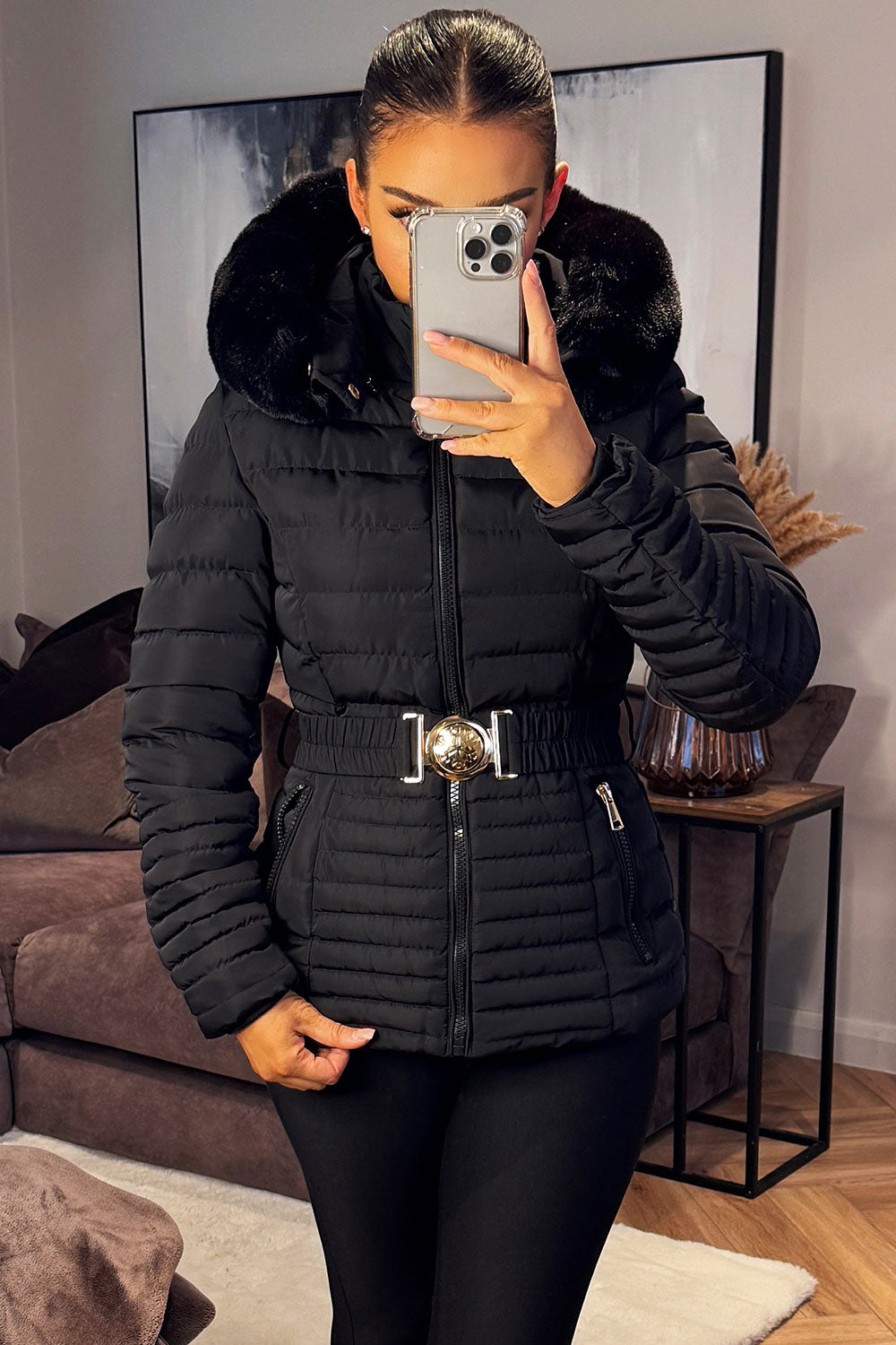 womens faux fur hooded padded puffer jacket black