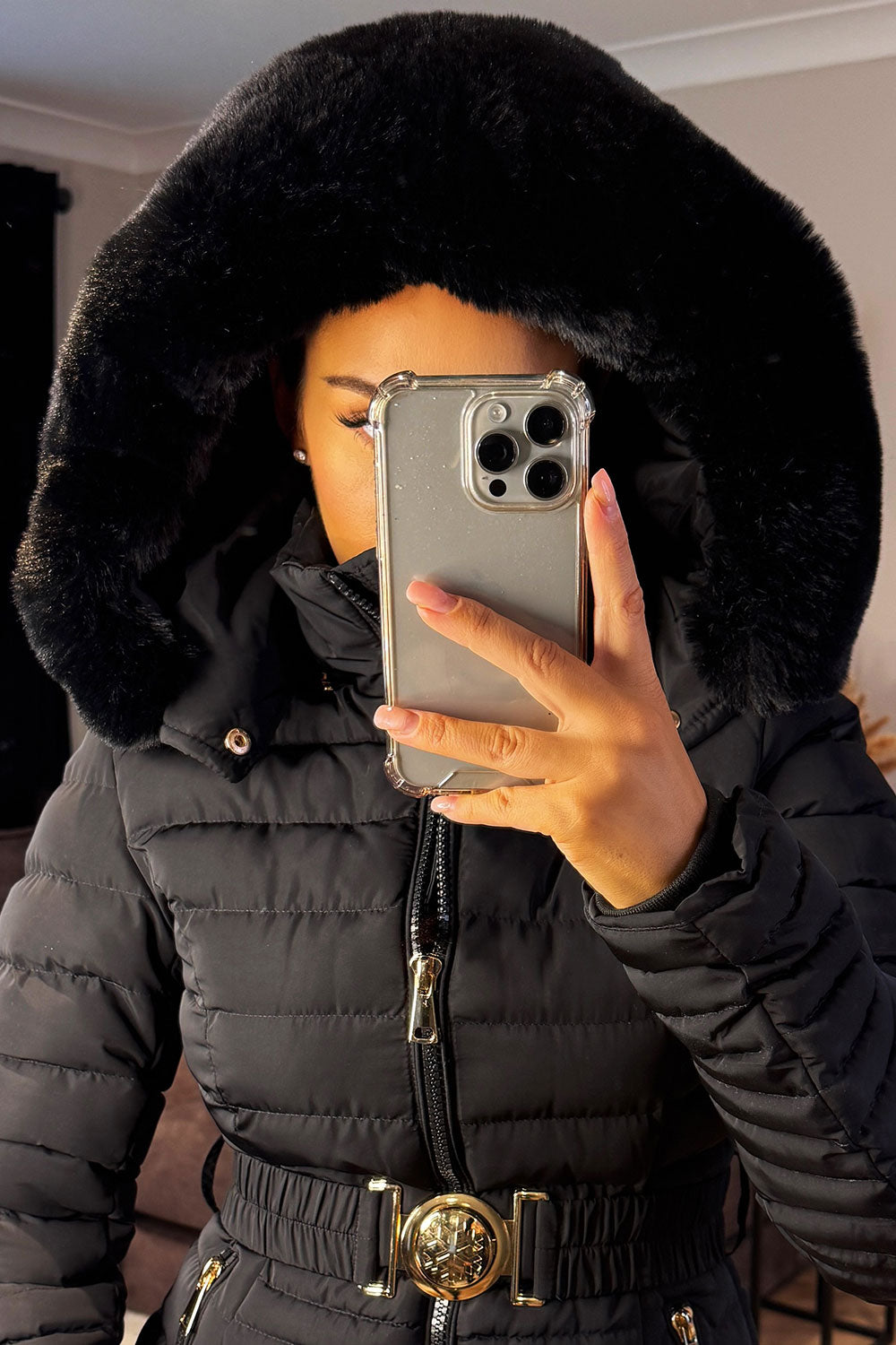black puffer padded hooded jacket with belt womens