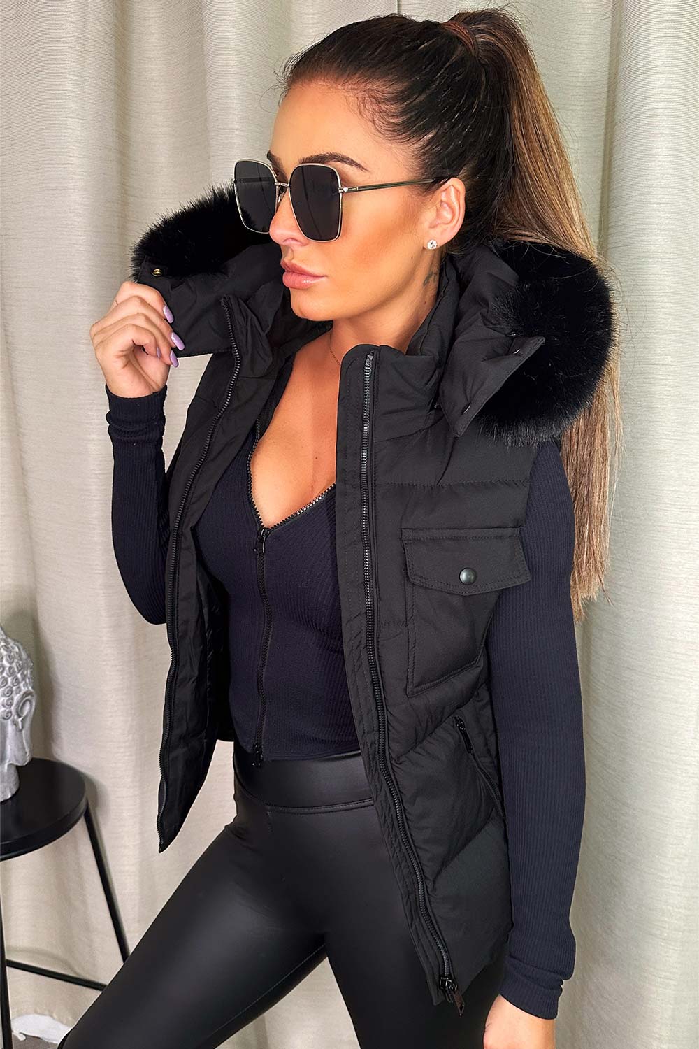 womens faux fur hood puffer gilet