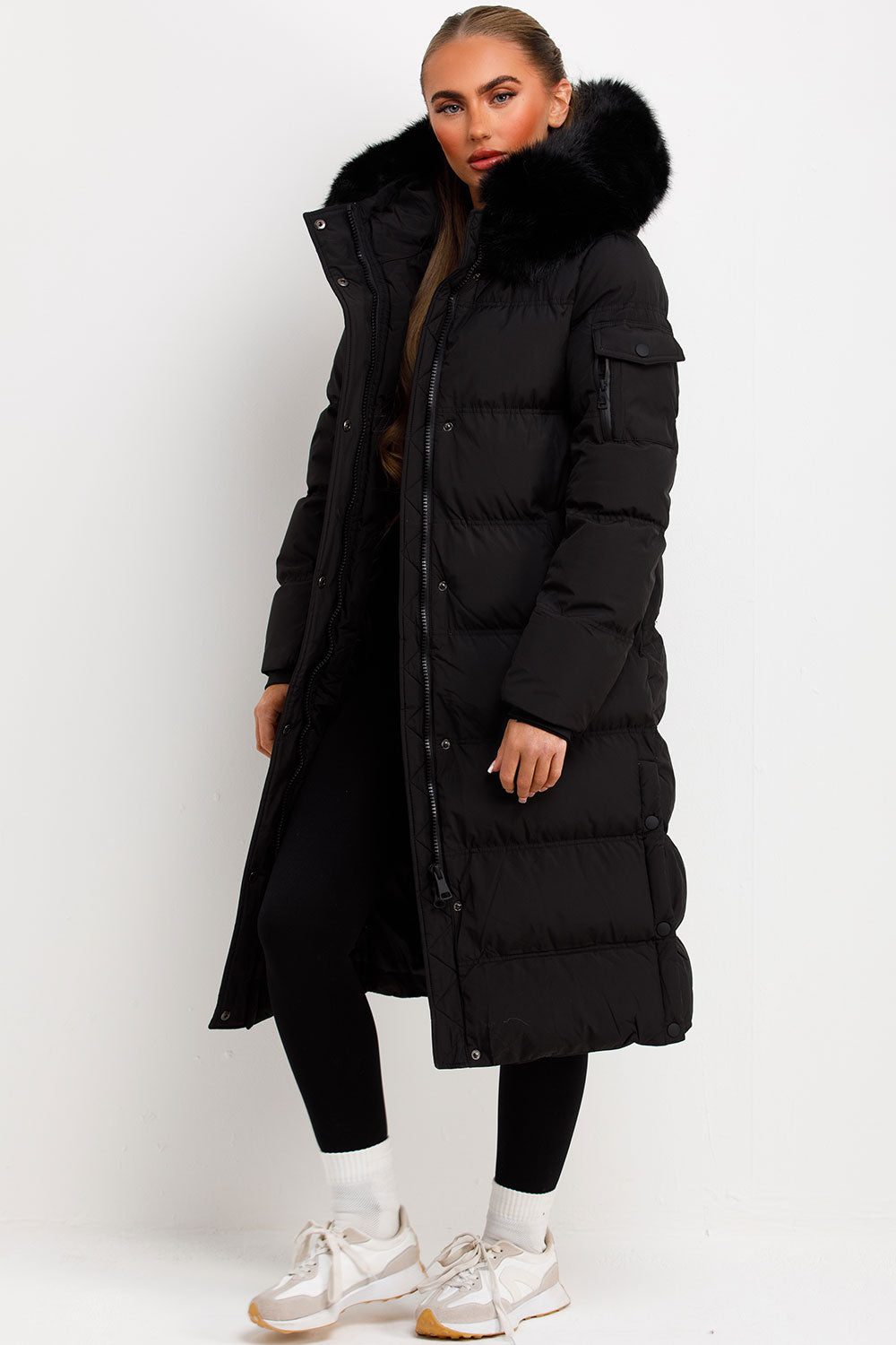 womens black puffer padded down coat with faux fur hood