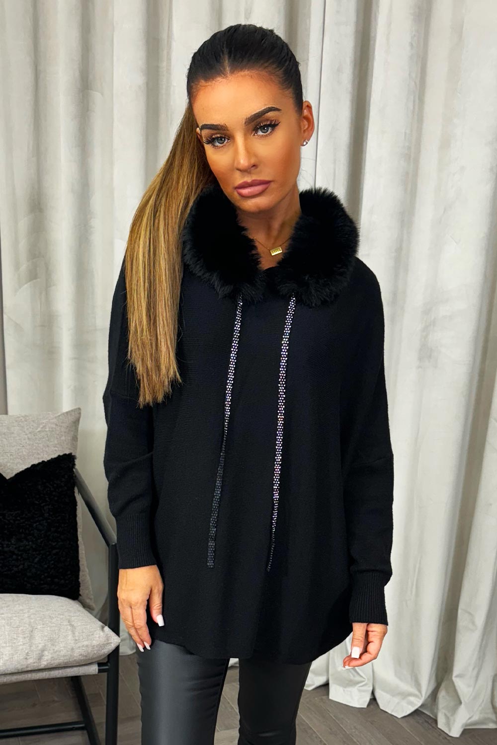 womens knitted jumper with fur trim