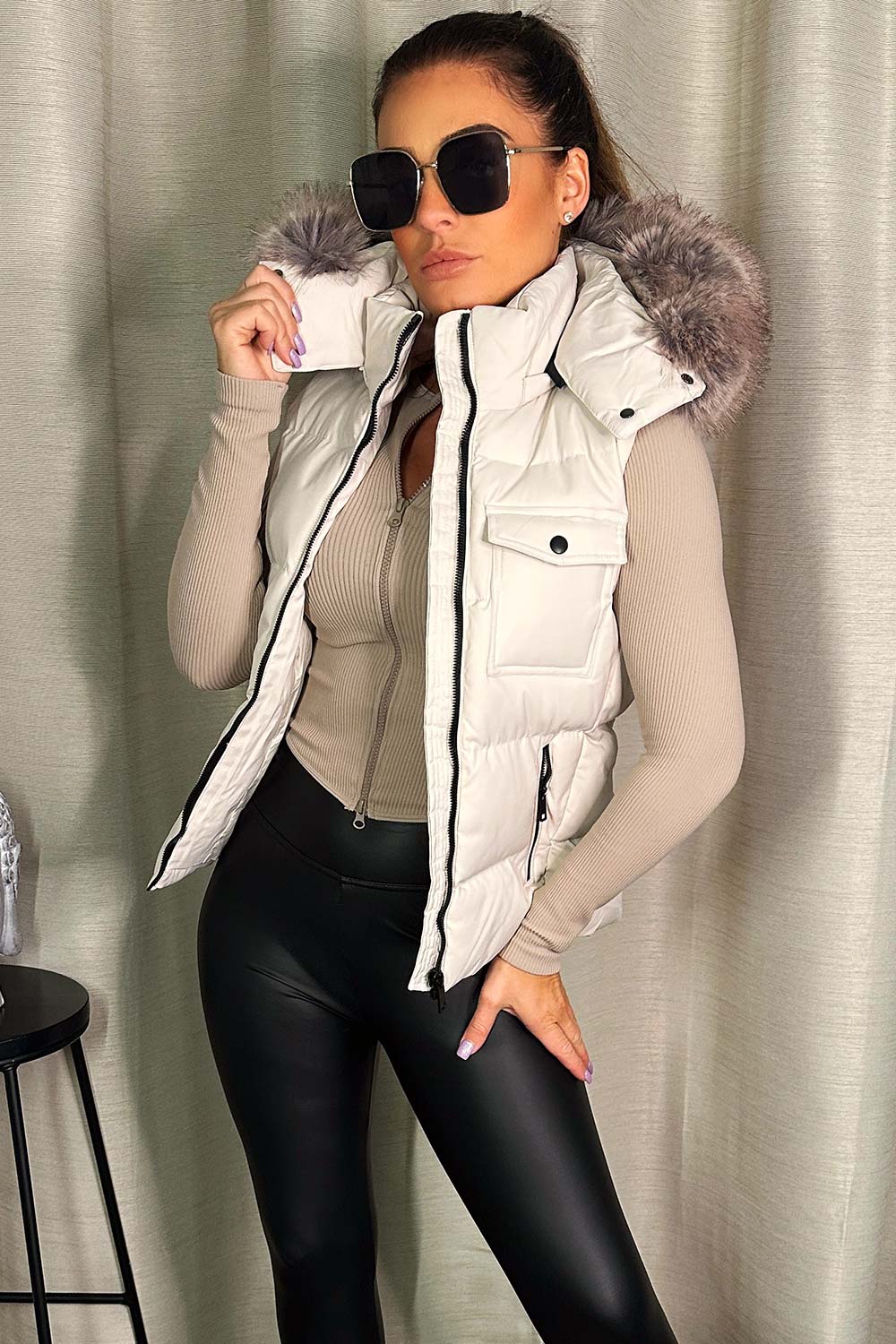 puffer gilet with faux fur hood