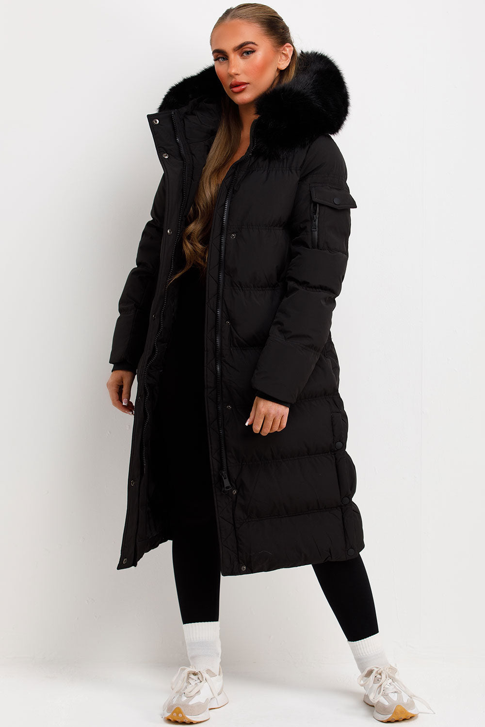 puffer padded down coat with faux fur hood