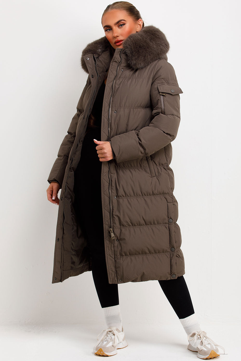 long padded puffer down coat khaki