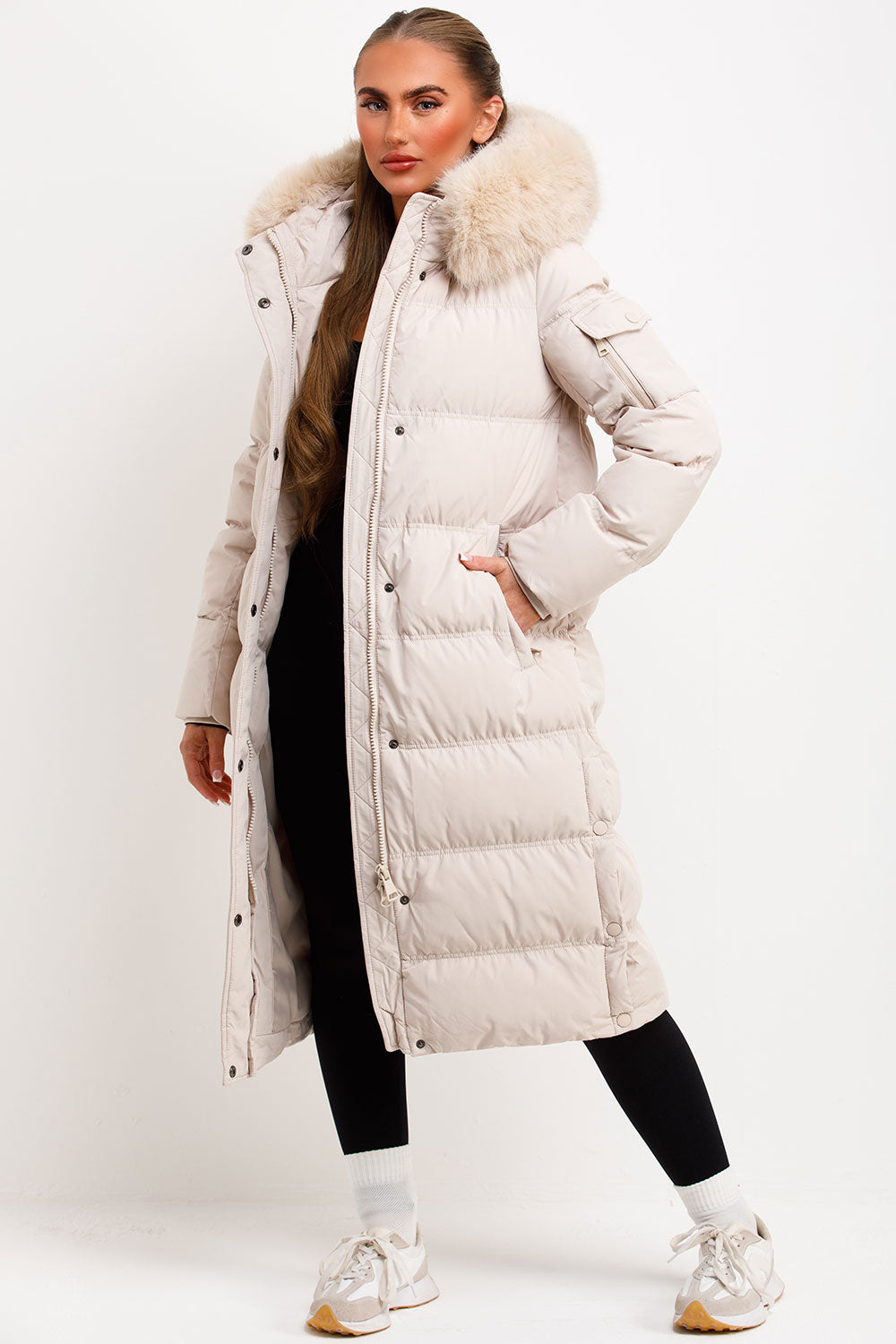long padded puffer down coat beige