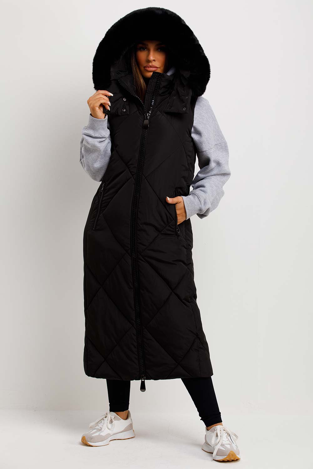 long black gilet with fur hood womens