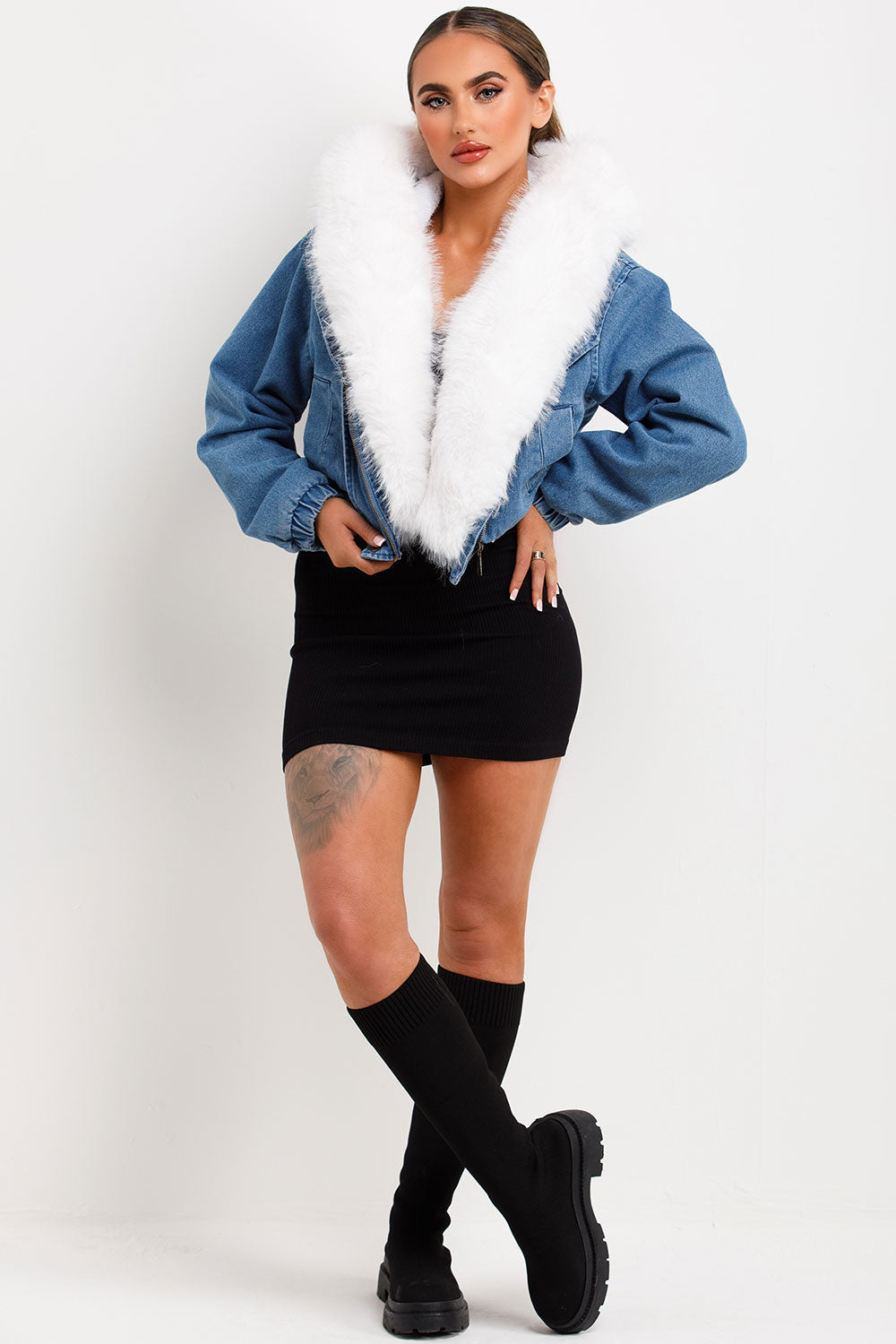 denim bomber jacket with white faux fur hood and trim styledup