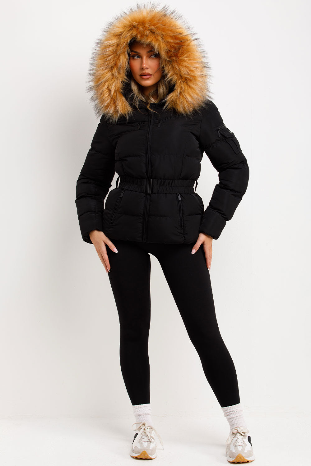 puffer coat with fur hood styled up