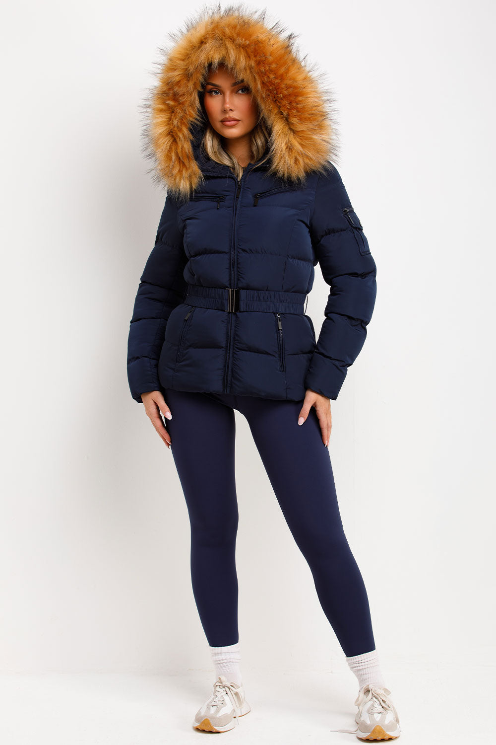 womens winter coat with faux fur hood and belt styled up