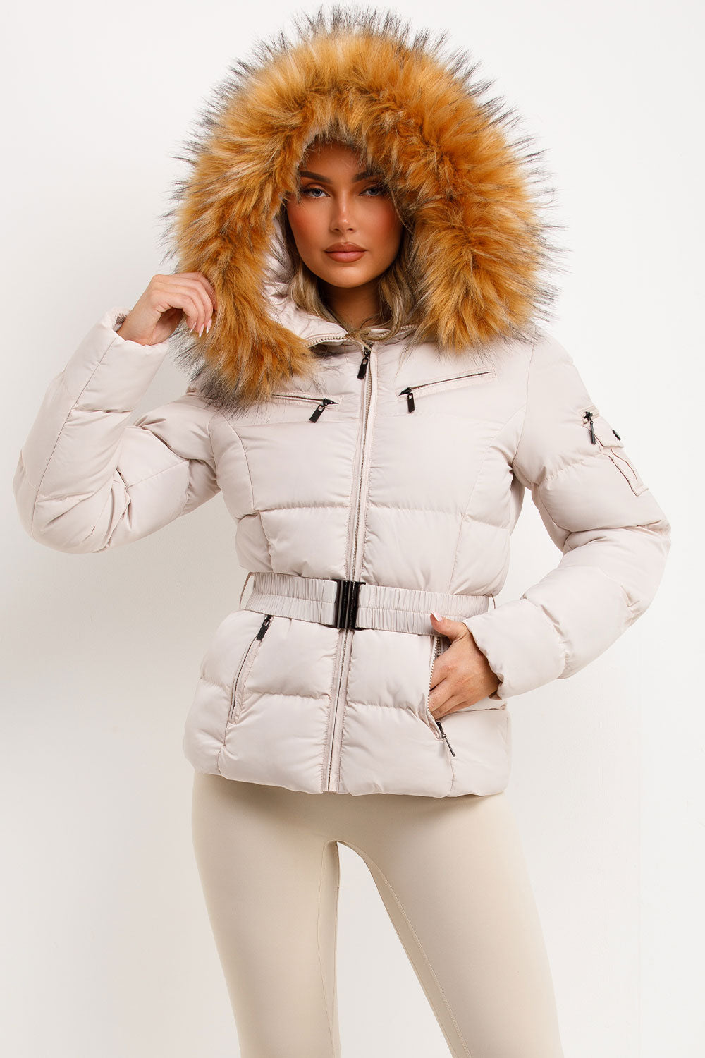 womens winter coat with faux fur hood styled up