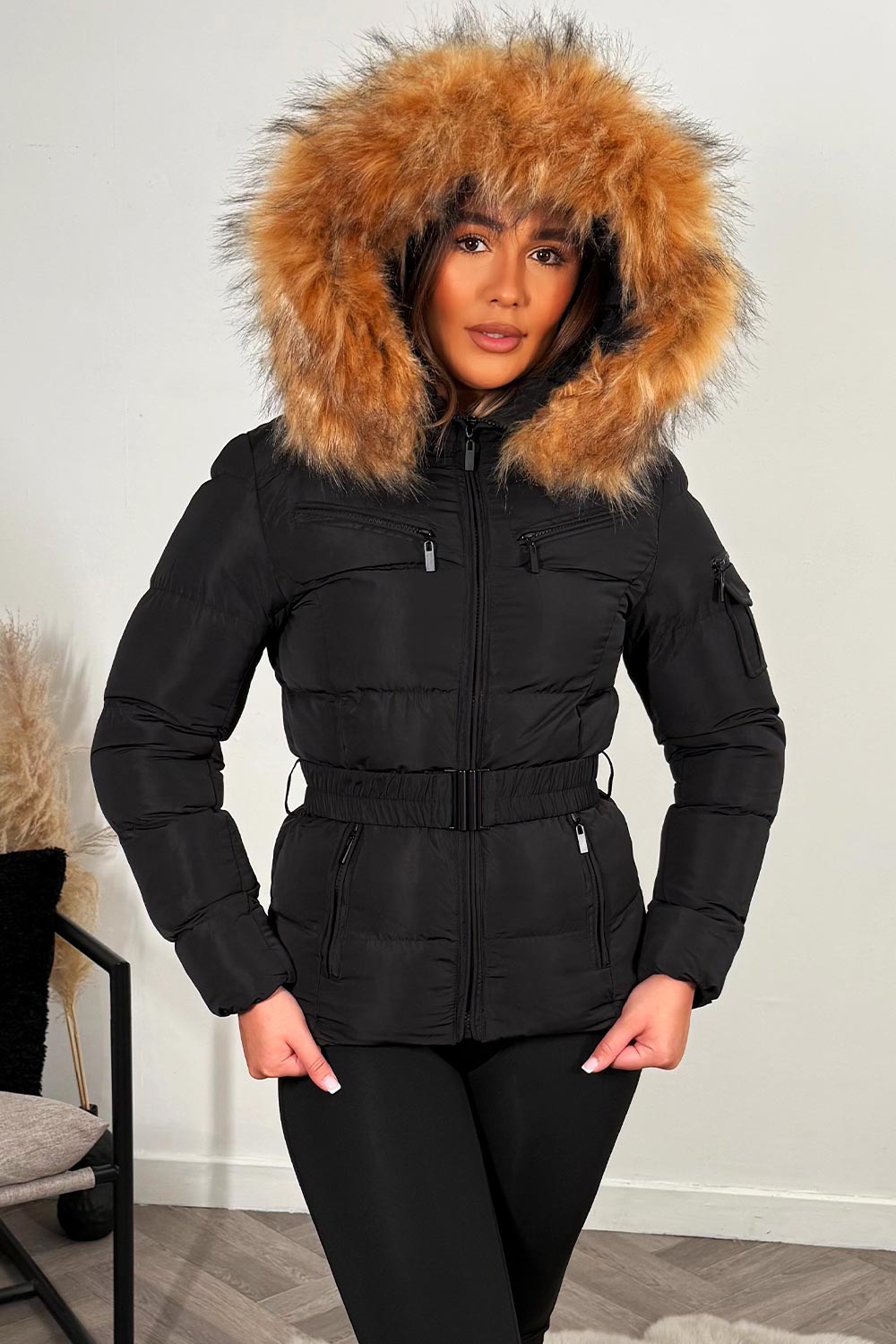 faux fur hood puffer jacket with belt