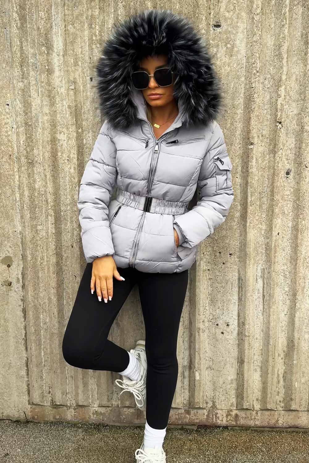 fur hood padded puffer jacket with belt womens