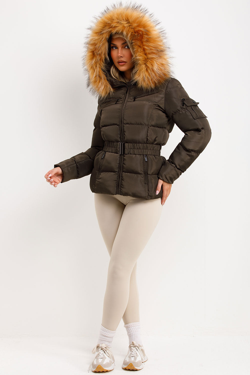 puffer jacket with fluffy fur hood styled up