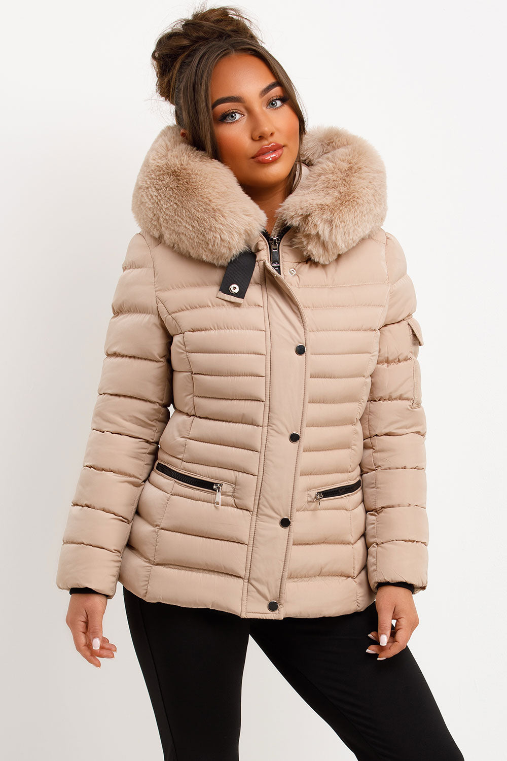 faux fur hood puffer jacket with side buckle detail