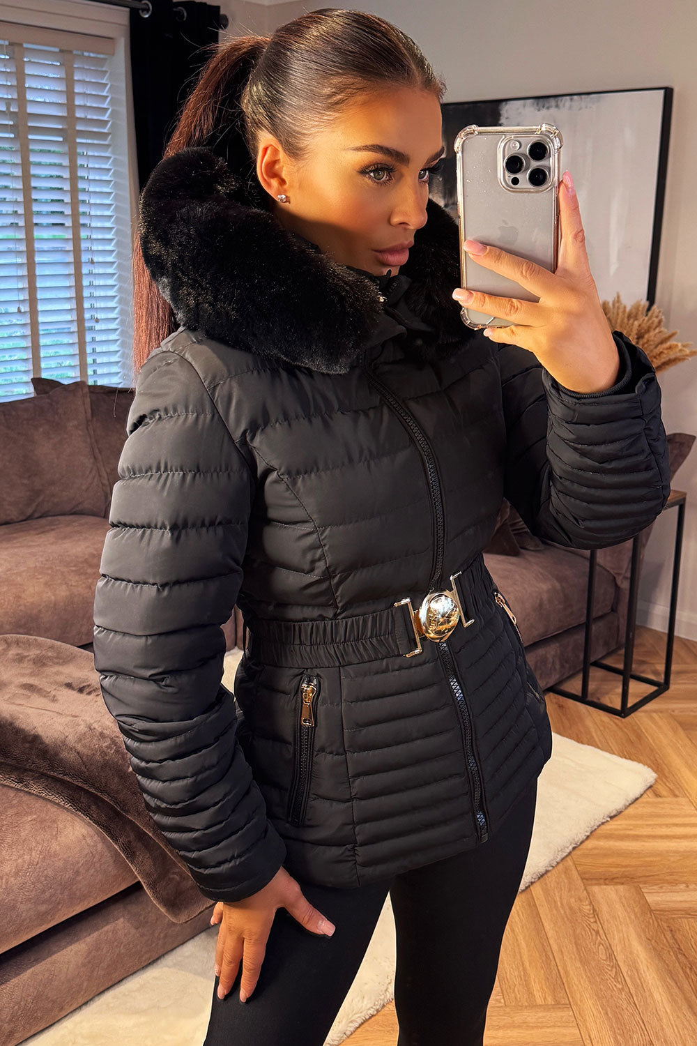 faux fur hood puffer jacket with belt styledup uk