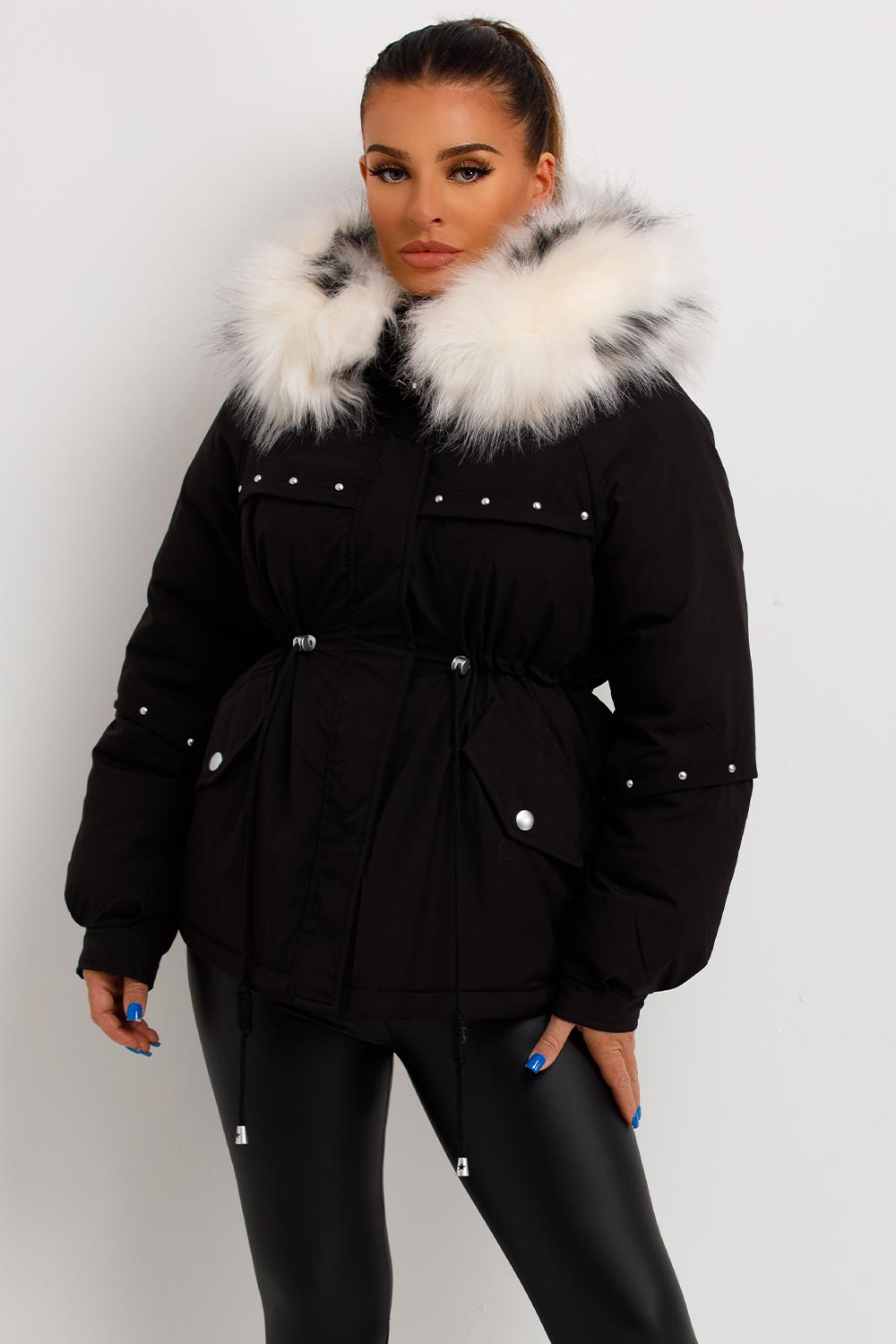 womens white faux fur hood coat with drawstring waist