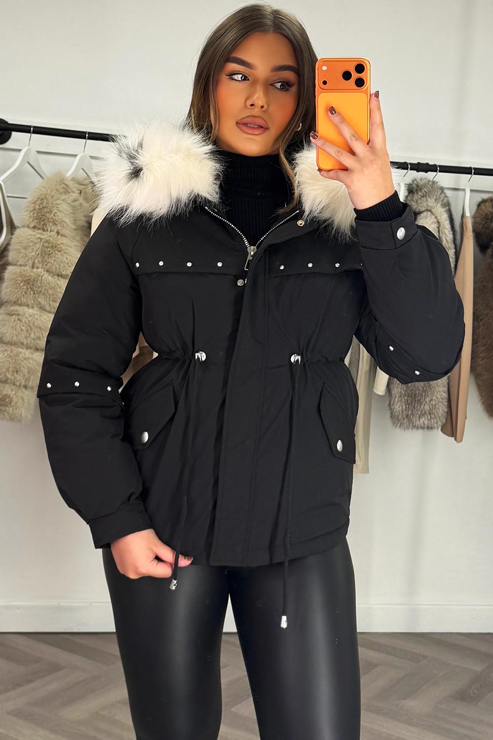 womens winter coat with big fur hood drawstring waist