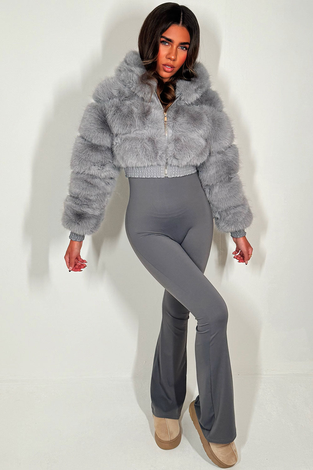 crop fur jacket with hood styled up