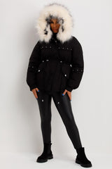 white fur hood coat with drawstring waist womens