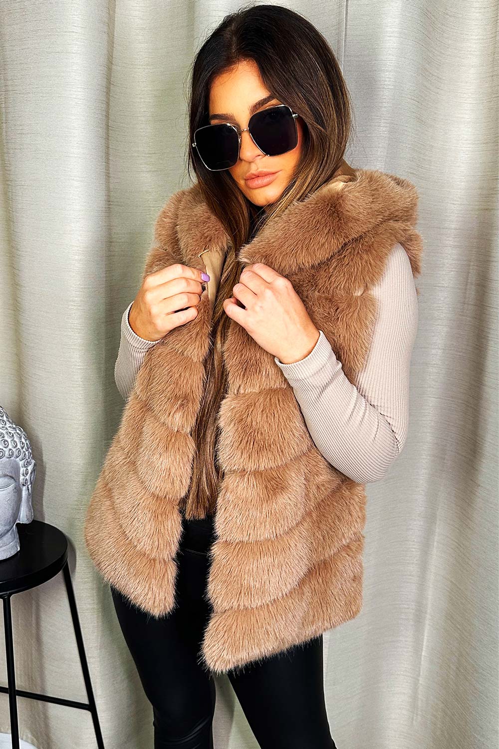 fur gilet with hood womens