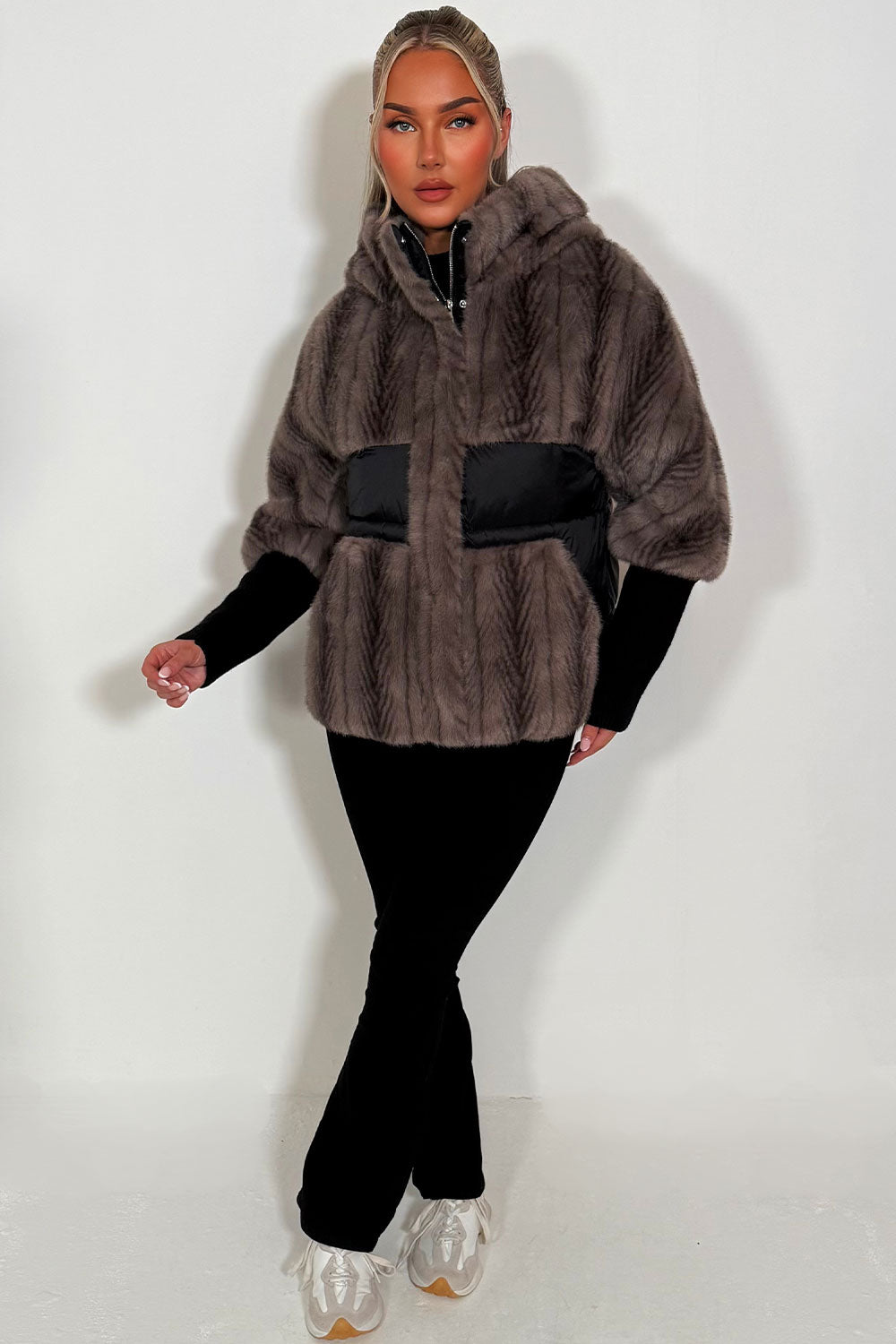 faux fur jacket with long ribbed cuff sleeves styledup womens uk