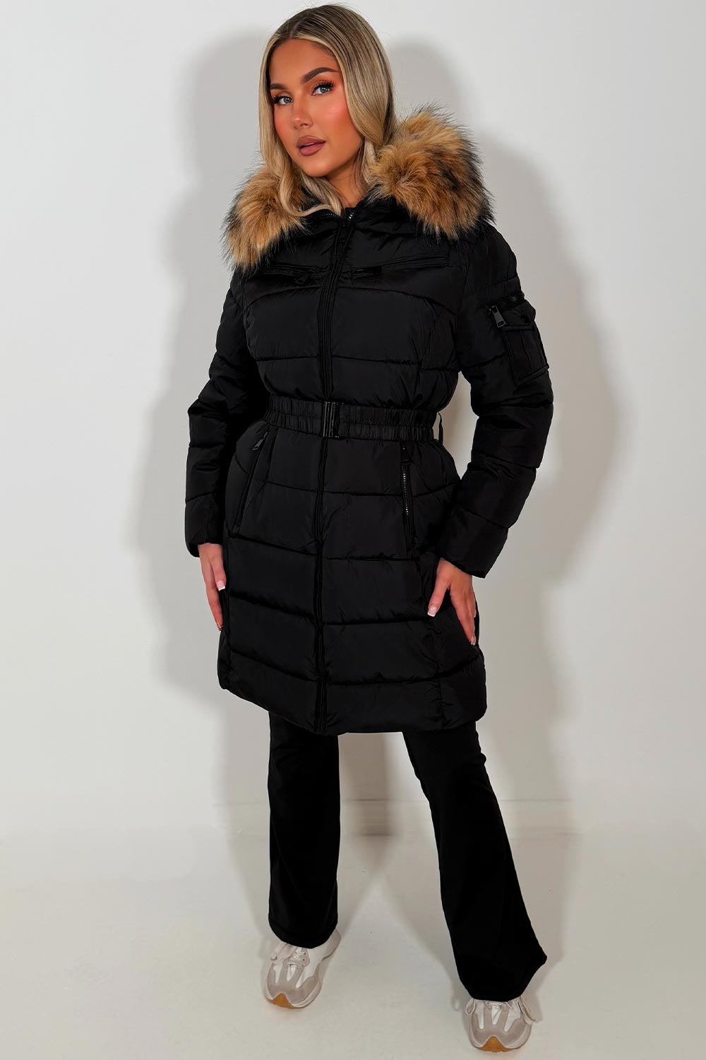 womens padded puffer long coat with fur hood