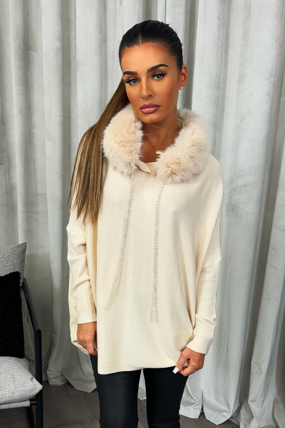 womens knitted jumper with faux fur hood