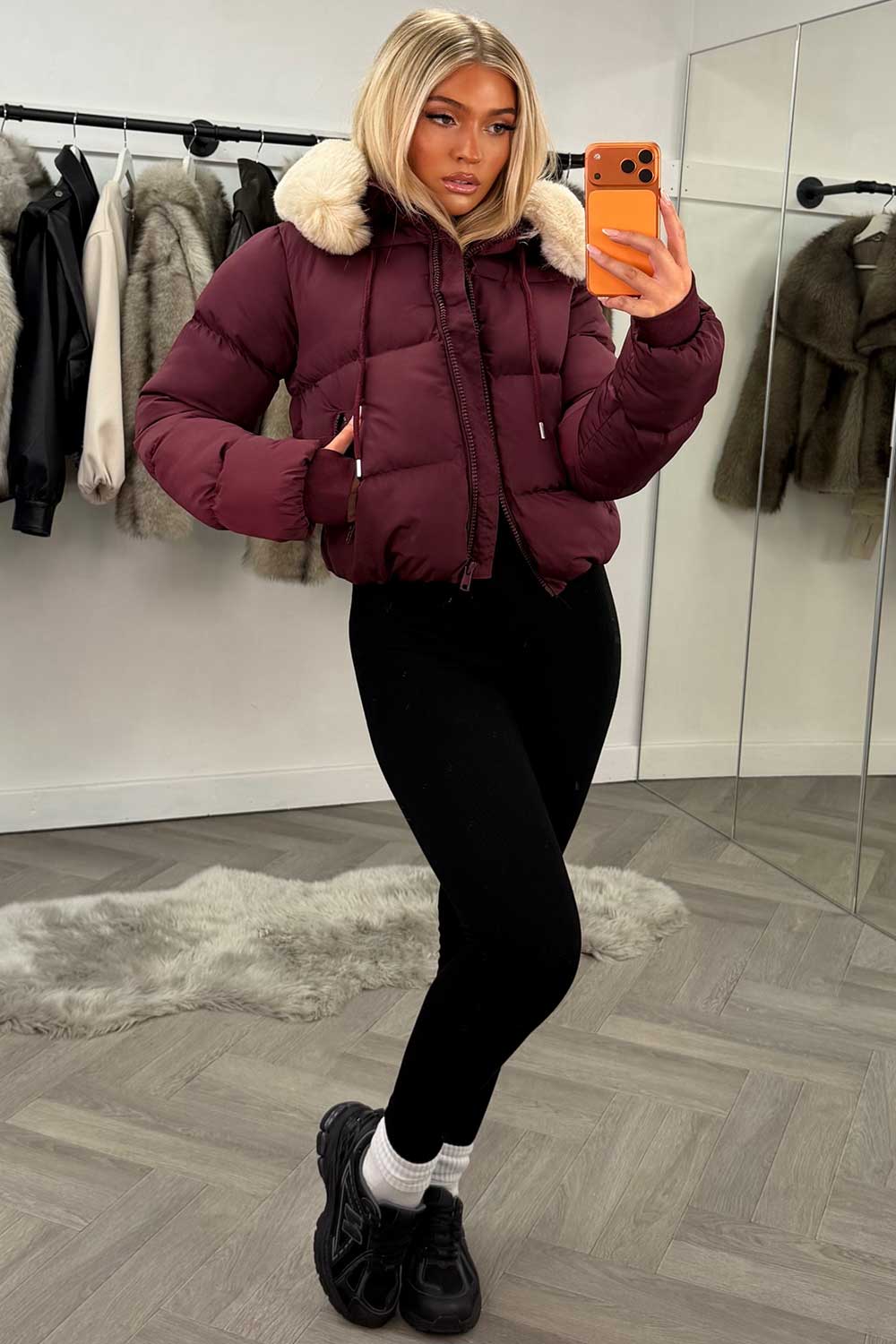 womens puffer jacket with faux fur hood burgundy styledup fashion