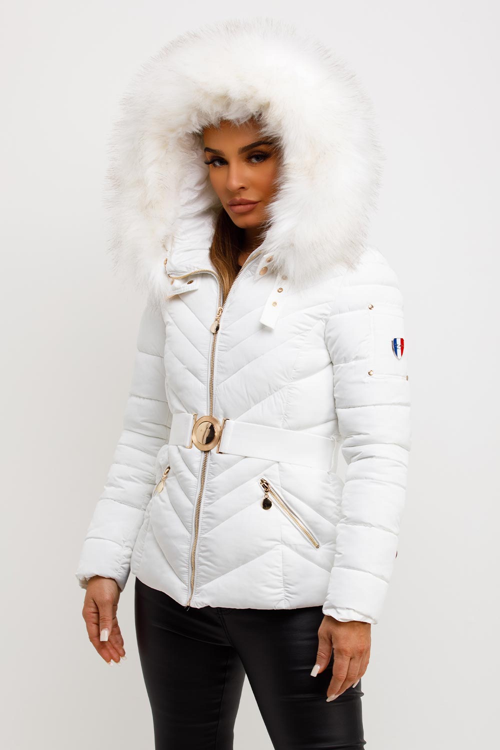 faux fur hood puffer coat with belt womens outerwear