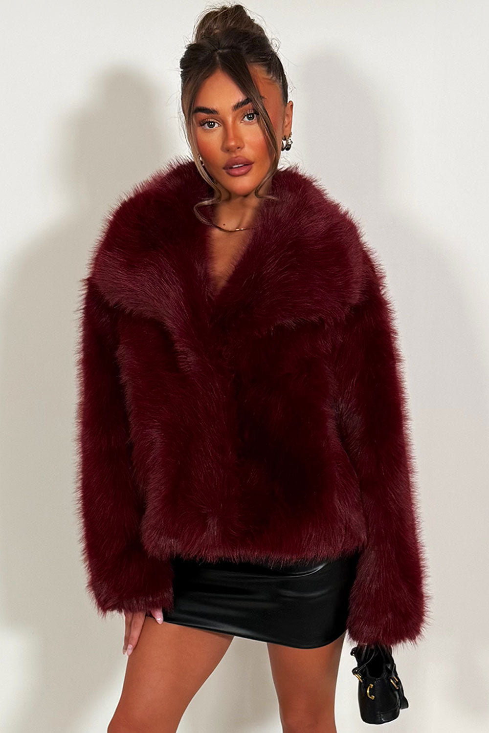 faux fur jacket with collar burgundy styledup uk