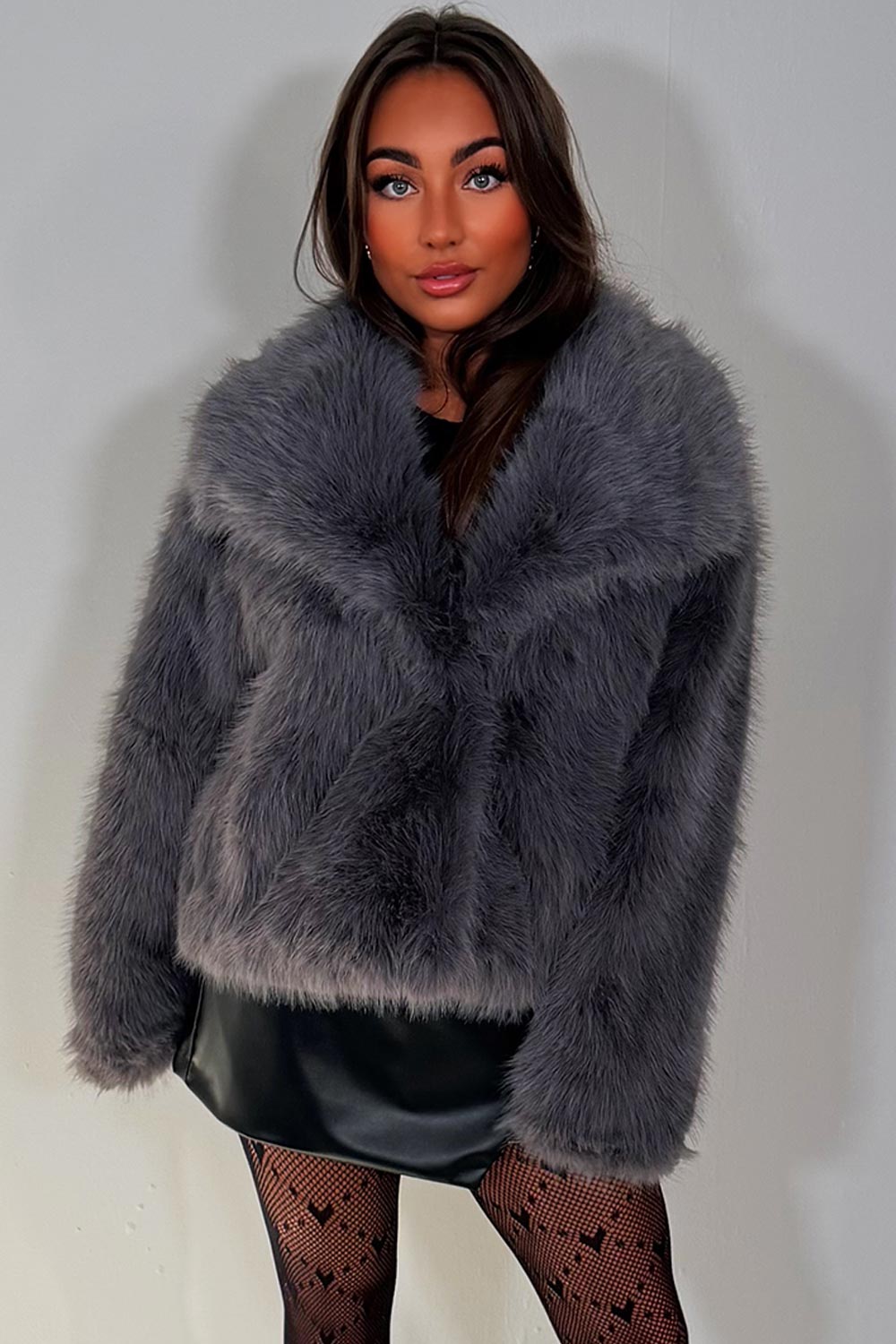 faux fur jacket with collar grey styledup uk
