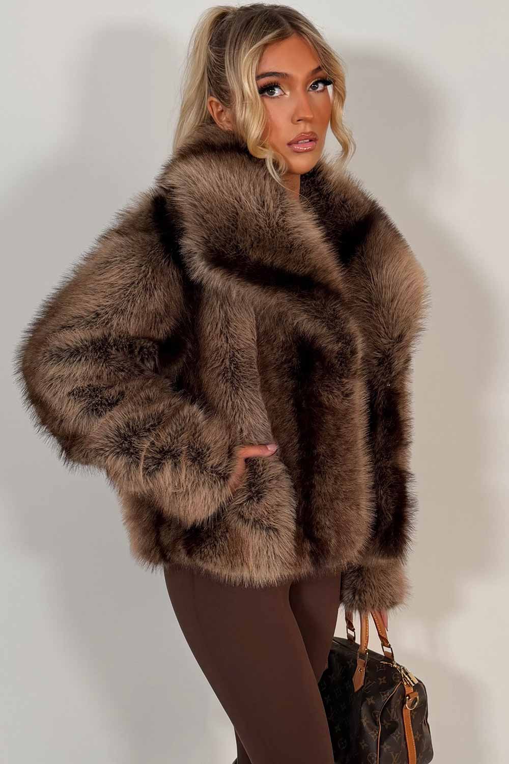 womens faux fur collared coat beige styledup