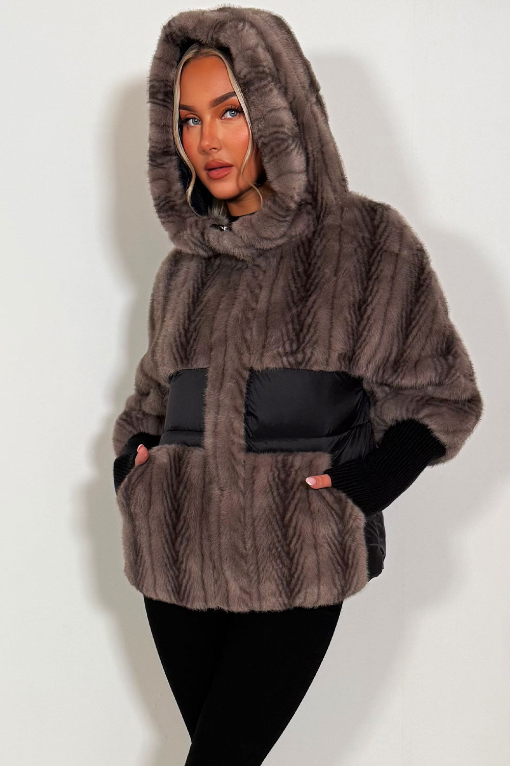 contrast waist panel fur coat with hood womens zara uk