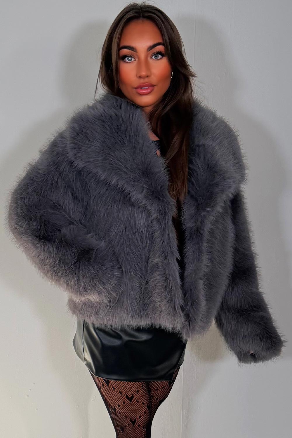 womens grey fur jacket with collars styledup