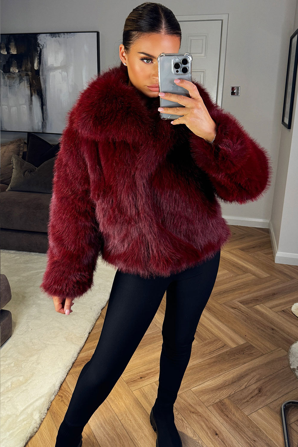womens faux fur coat burgundy zara uk sale
