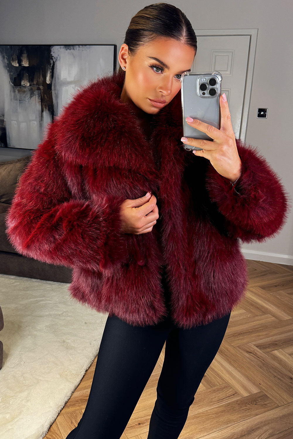 womens faux fur jacket river island styled up red burgundy